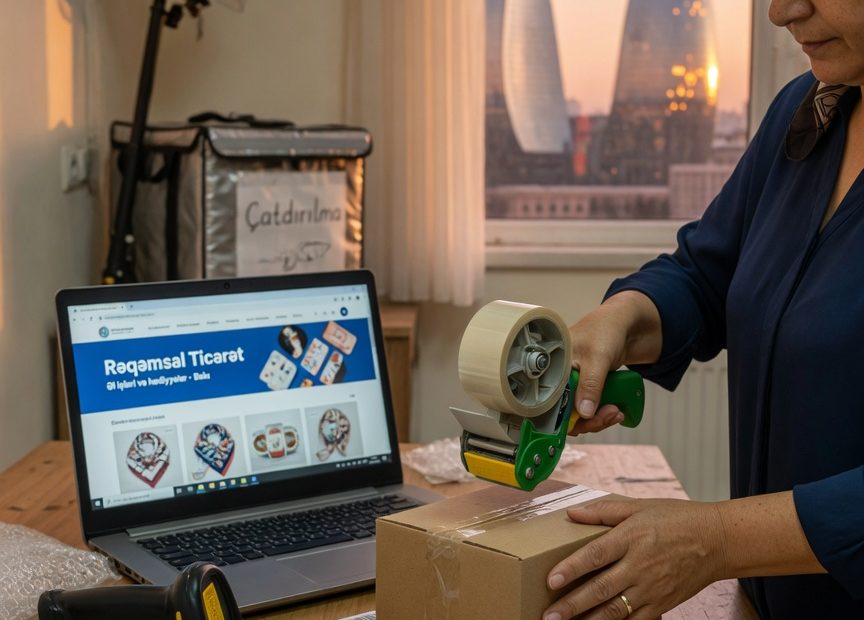 Azerbaijani entrepreneur packing online orders in a bright Baku studio, with parcels, courier gear,
