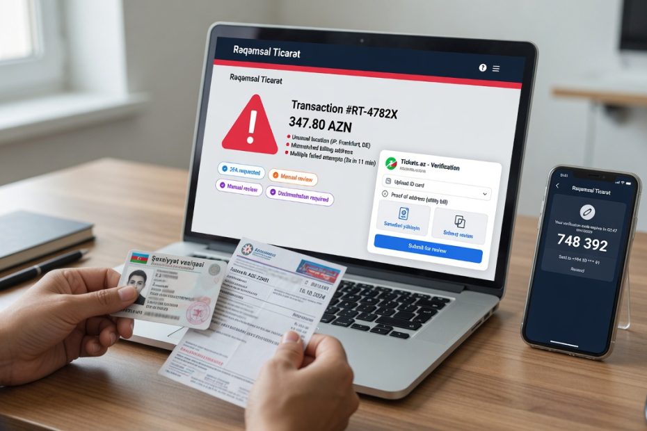 Laptop with Rəqəmsal Ticarət antifraud alerts and a Tickets.az verification request, while hands hold