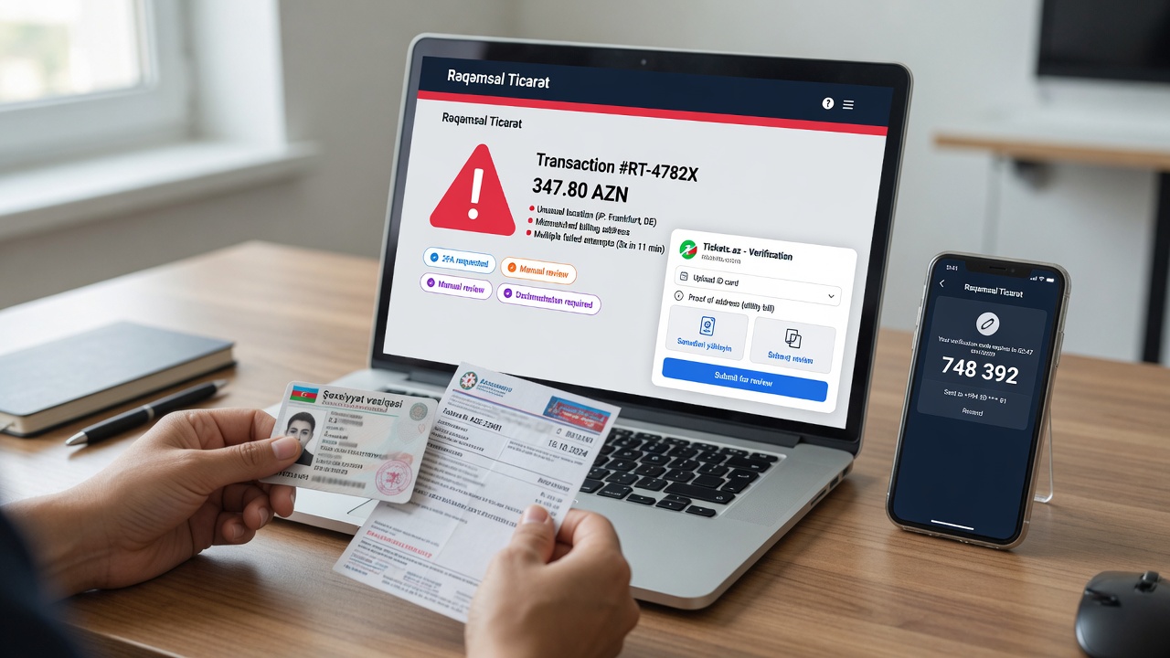Laptop with Rəqəmsal Ticarət antifraud alerts and a Tickets.az verification request, while hands hold